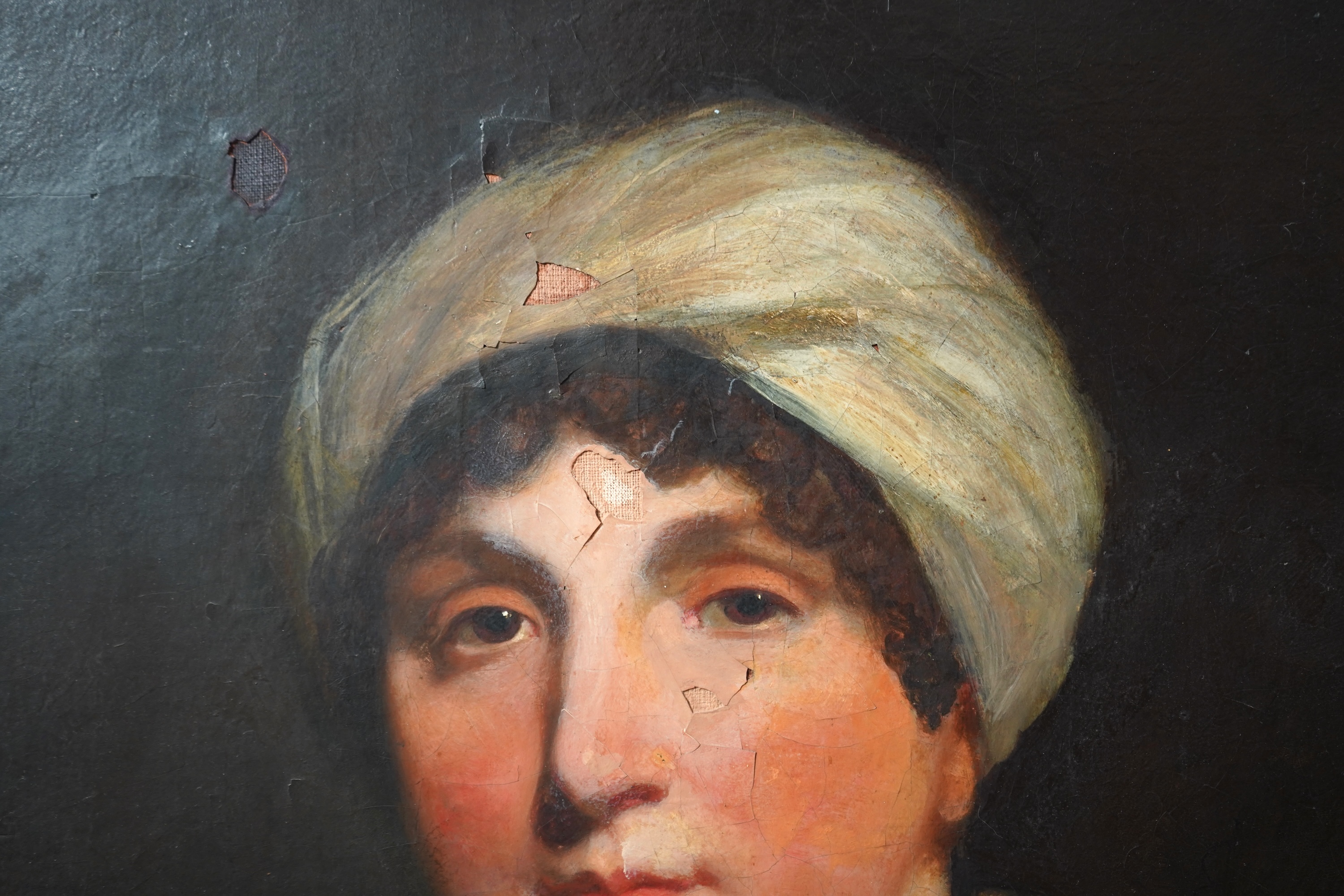 Attributed to William Boxall, 1800-1879, A portrait of a lady wearing a turban and lace shawl